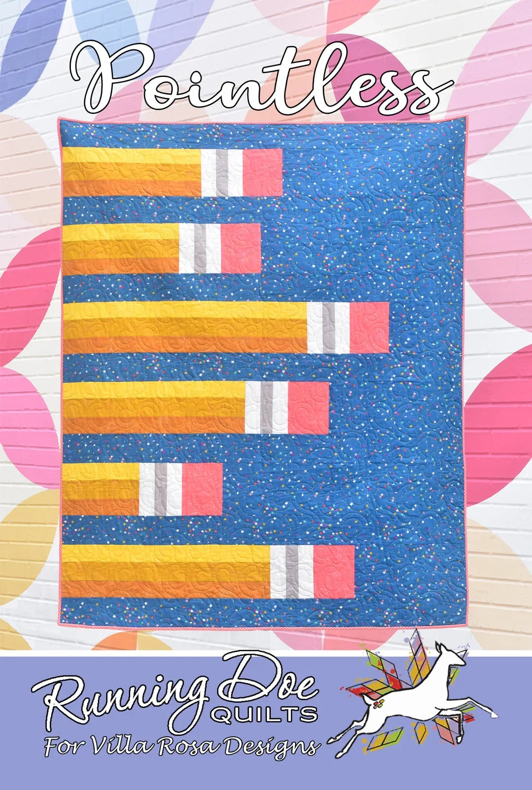 Blue quilt with multicolor stripe blocks and repeating ribbon-like bars
