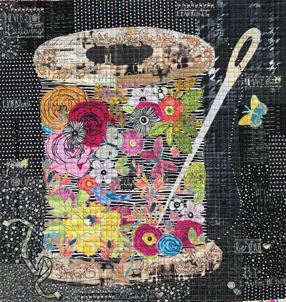 Spool-shaped floral collage pattern with colorful patchwork flowers and butterflies.