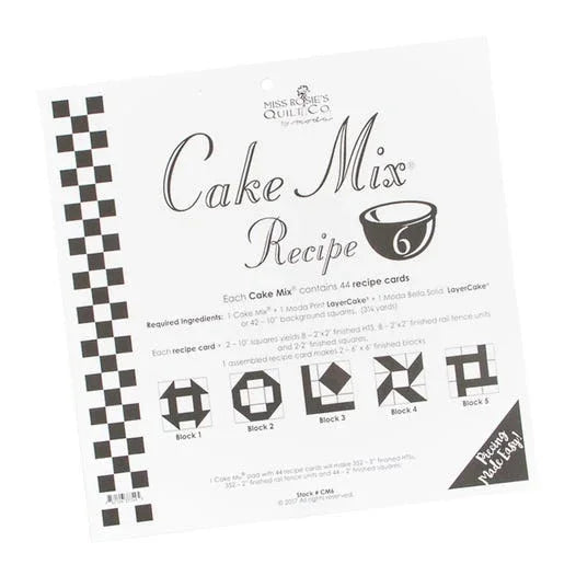 Cake Mix Recipe card with quilt block checkered design and cake mix recipe text