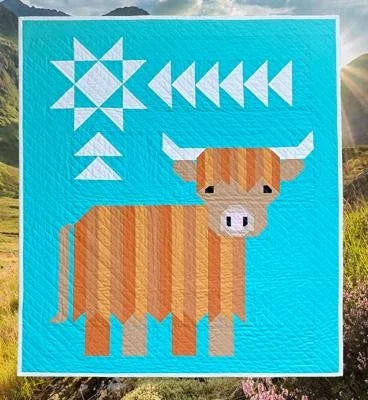 Highland cow quilt pattern with striped brown cow, teal blue background, and white shapes