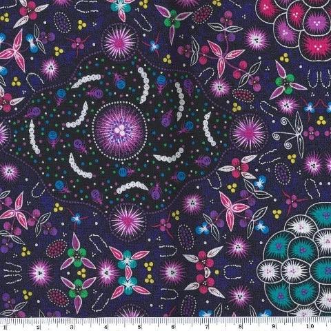 Purple fabric with colorful floral and dot motifs