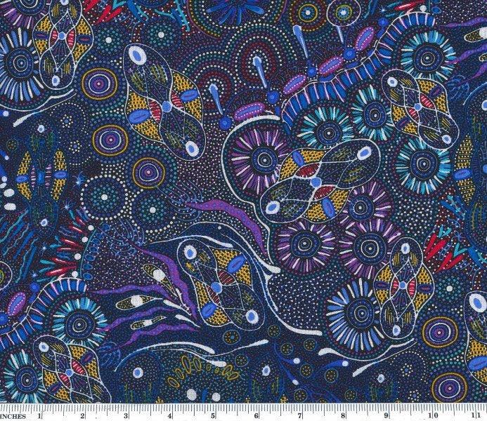 Blue and purple printed fabric with colorful fish, flowers, and dot motifs