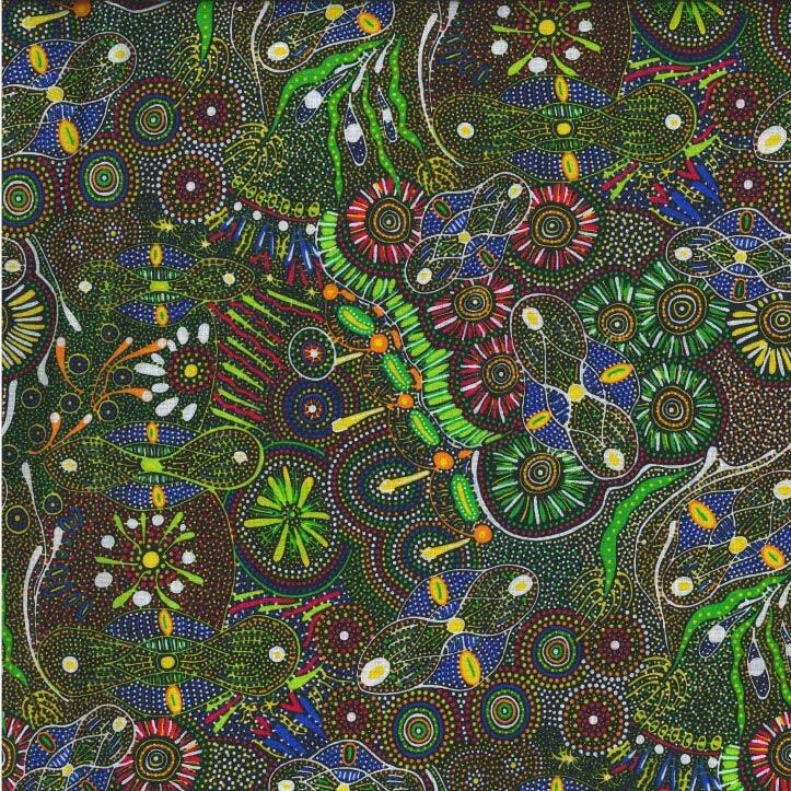 Printed fabric with vibrant floral dot pattern in green, blue, yellow on dark ground