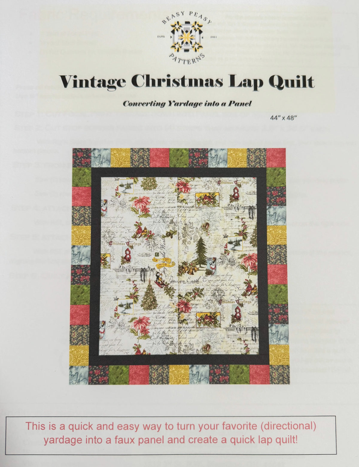 Vintage Christmas lap quilt pattern sheet, square design with multicolor border
