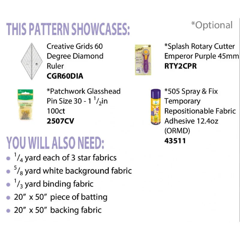 Quilting pattern instruction sheet listing tools and fabrics for a star table runner
