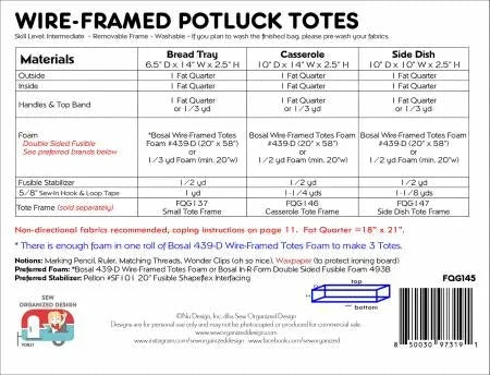 Wire-framed potluck totes size and materials chart with fabric and frame details