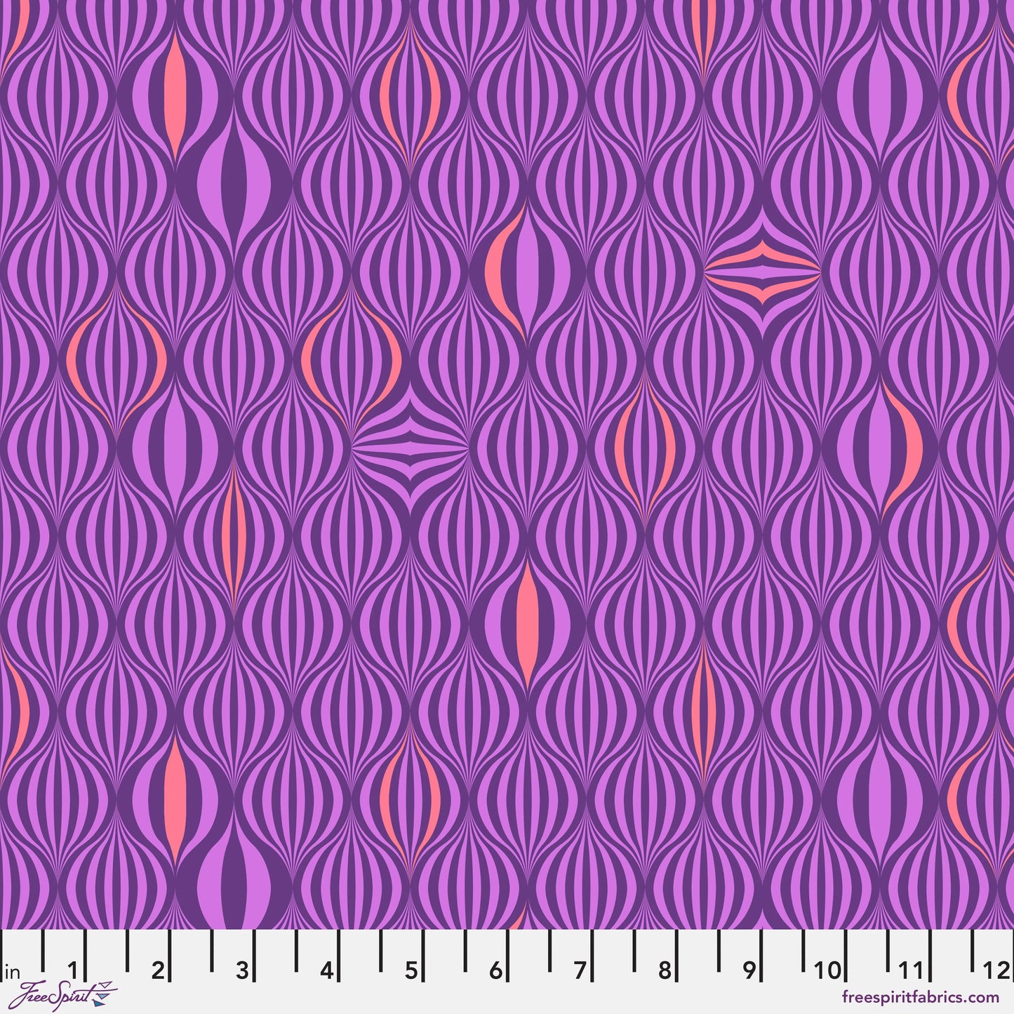 Printed cotton fabric with repeating oval check pattern in purple and pink