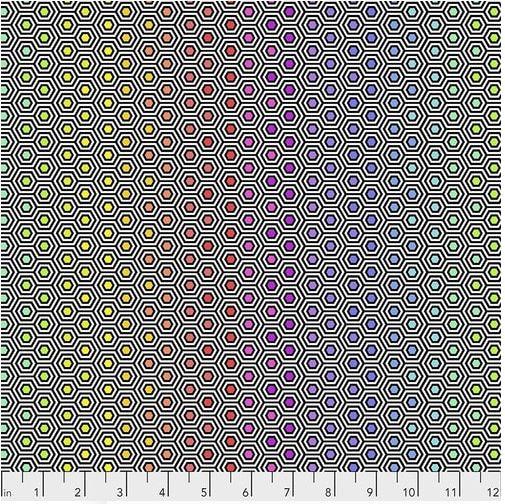 Multicolor hexagon quilting fabric with rainbow gradient and thin yellow outline