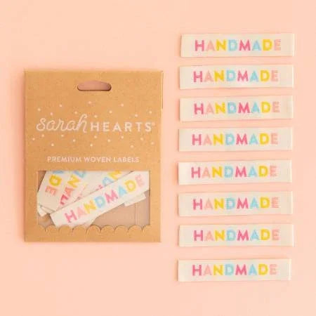 Sarah Hearts colorful handmade labels with 'HANDMADE' text on several tags