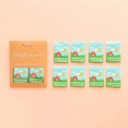 Made in the Country woven label set with blue packaging and small white labels