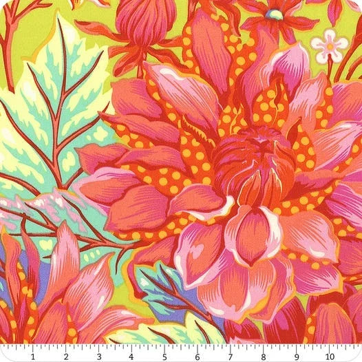 Sateen fabric with pink, orange, and cream floral pattern, wide back quilt backing
