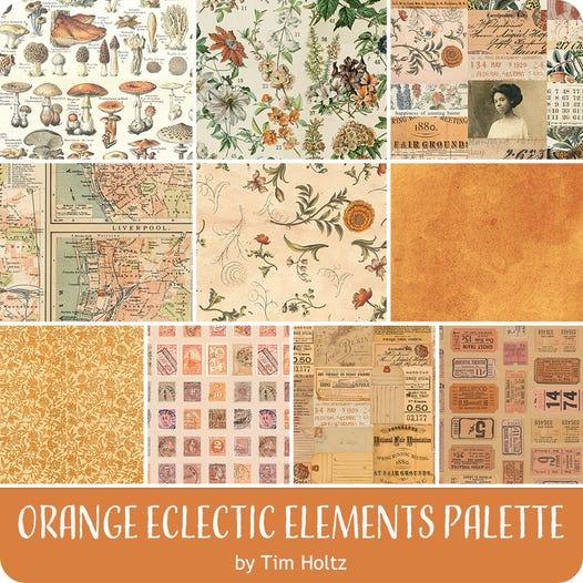 Orange vintage-style fabric fat quarter bundle with botanicals, maps, and ephemera prints
