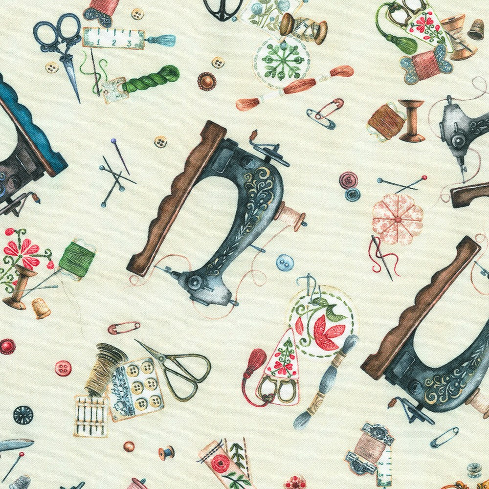 26" remnant Make It Sew Vintage Sewing Machines White SRKD-22702-83 from Robert Kaufman Fabrics