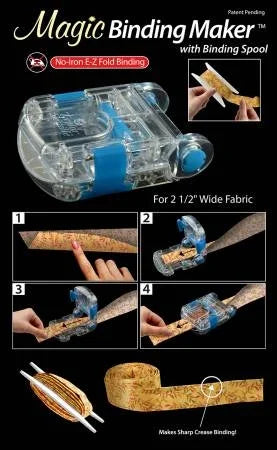 Magic Binding Maker 2-1/2in fabric binding tool with blue guide and clear body