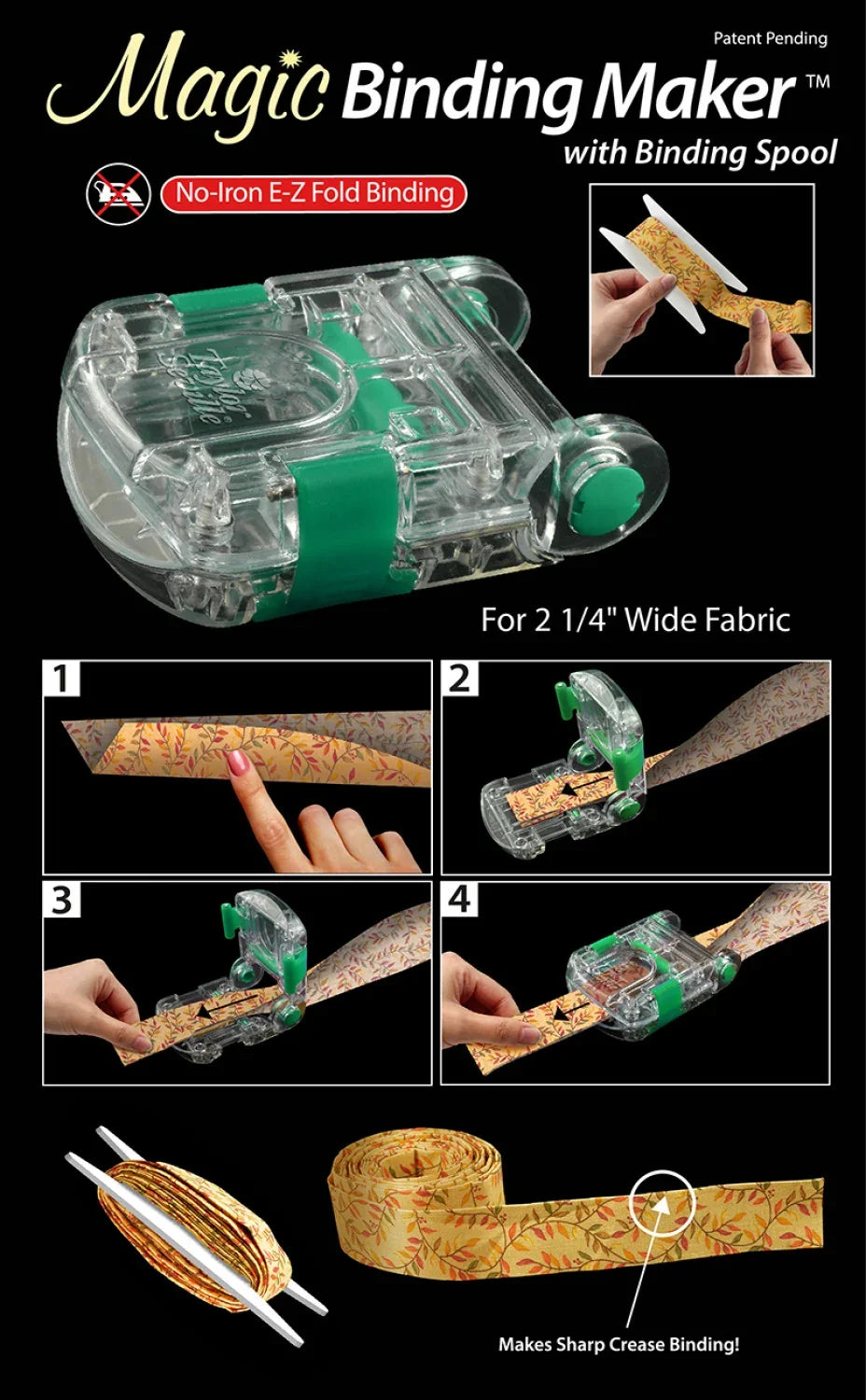 Magic Binding Maker 2-1/4in binding tool, clear and green plastic for wide fabric