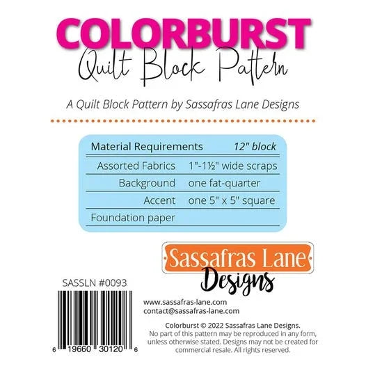 Quilt block pattern back cover with Colorburst title and material requirements table