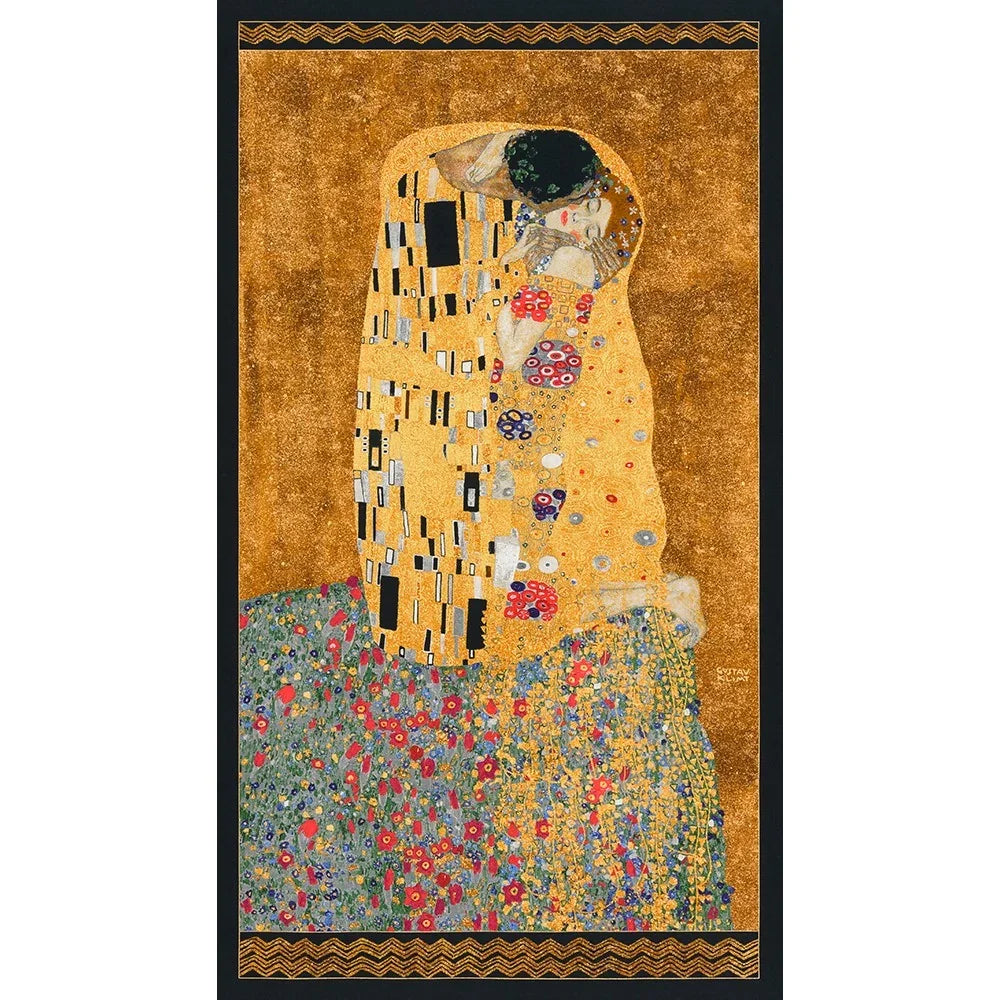 The Kiss art print panel with a golden couple kissing and ornate colorful dresses