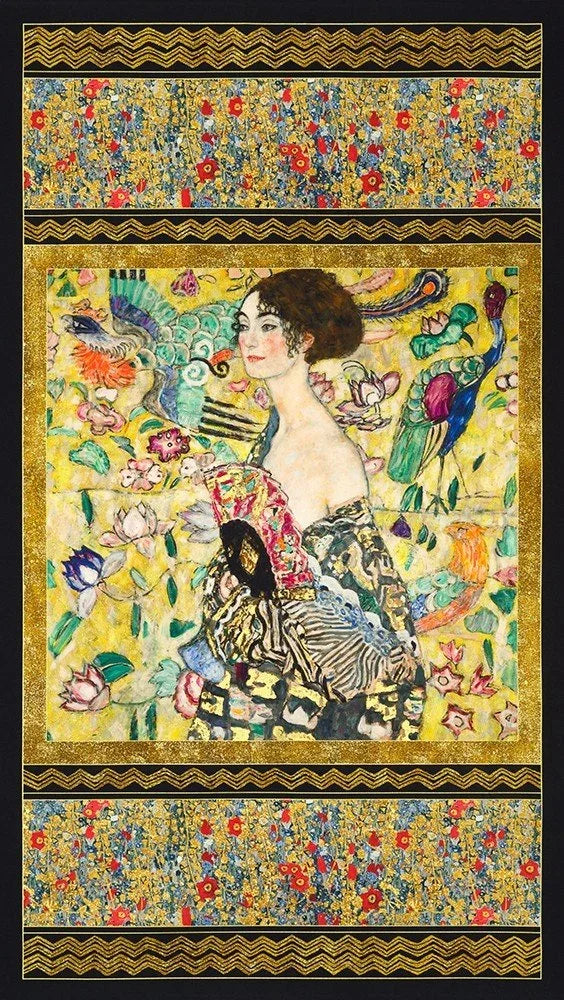 Decorative textile panel with Klimt-style woman holding a fan, colorful border and motifs.