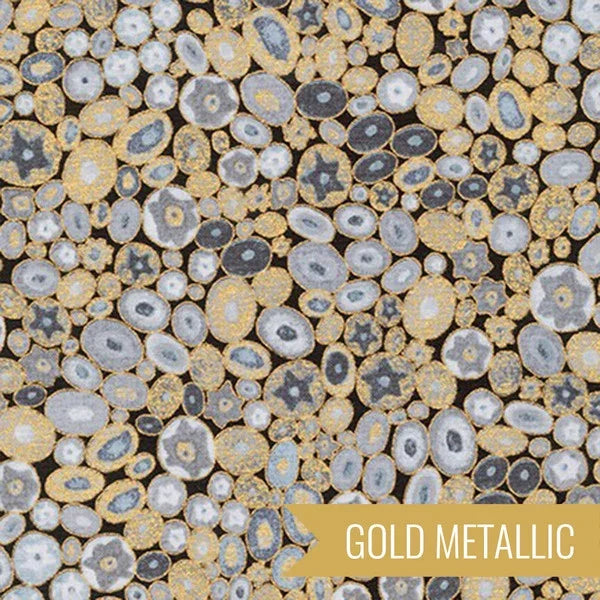 Gray and gold metallic gemstone print fabric with circular gem motifs, dense pattern