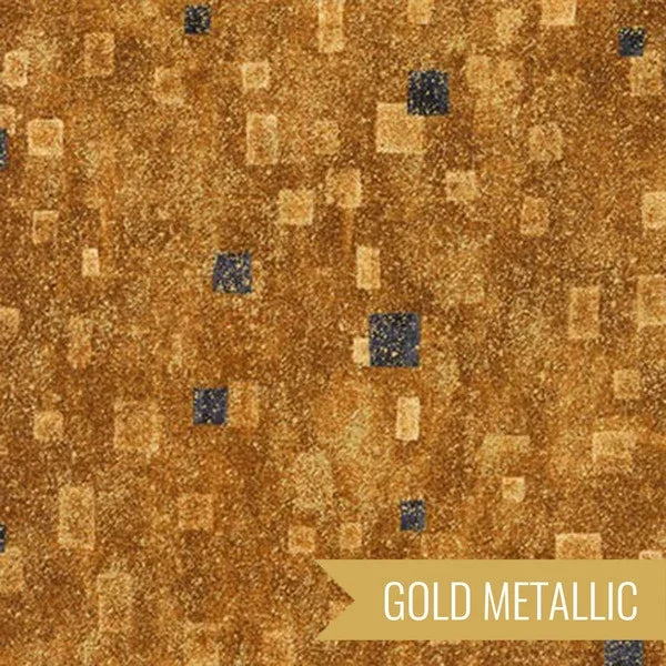 Gold metallic fabric with small square pattern in cream and dark blue.