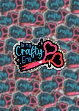 Sassafras Lane glitter sticker with heart and star, cursive 'In my Crafty's Era' text