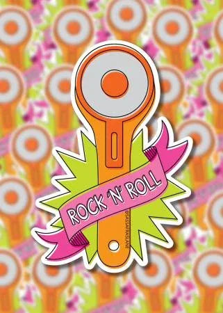 Rock 'n' Roll rotary cutter sticker with orange blade, spiky design and 'ROCK N ROLL' text