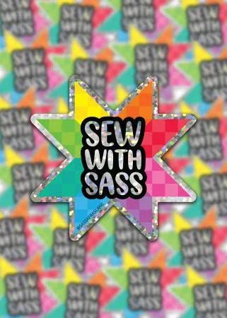 Glitter sticker: star-shaped 'Sew With Sass' text on multicolor check pattern