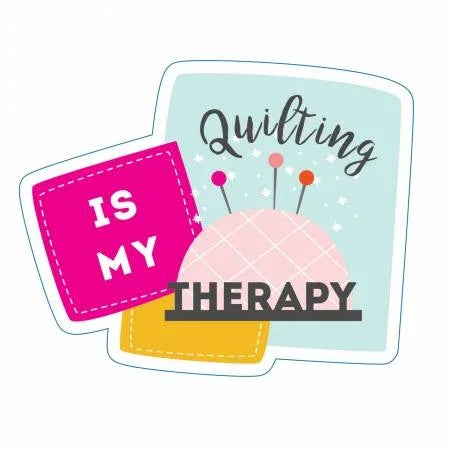 Quilting therapy sticker with pins, “quilting” script, and “IS MY THERAPY” text