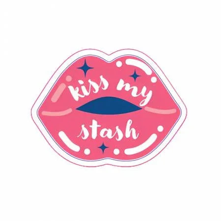 Pink lips vinyl sticker with "Kiss my stash" text and sparkle dots