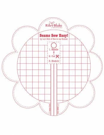 Red seam guide template with grid and measurement lines, flower-shaped, for sewing seams