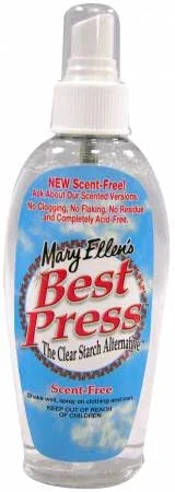 Scent-free spray starch bottle with white pump nozzle and Mary Ellen’s Best Press label, 6 oz