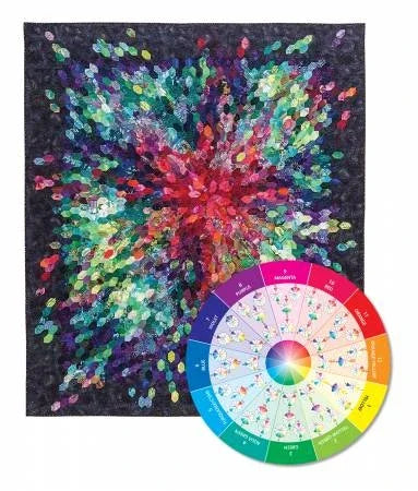 Printed fabric panel with attached mini color wheel showing bright color swatches