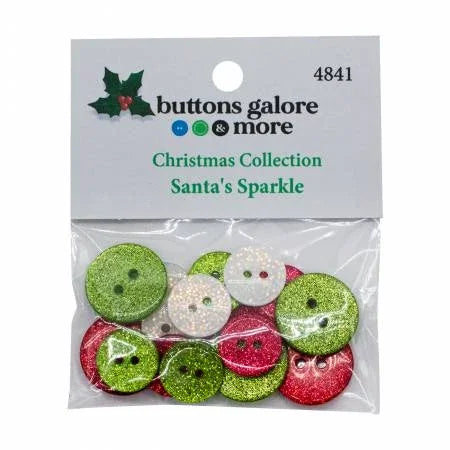 Packaged Christmas glitter buttons assortment, round green and red designs with holes