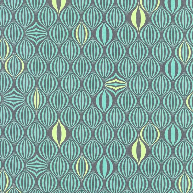 Quilt fabric with repeating teardrop and fan pattern in teal, green, and cream