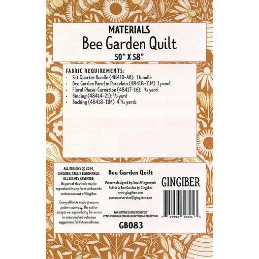 Quilt pattern back with materials requirements list and item code GB083