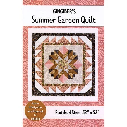 Summer Garden Quilt pattern cover with centered patchwork star blocks, multicolor squares.