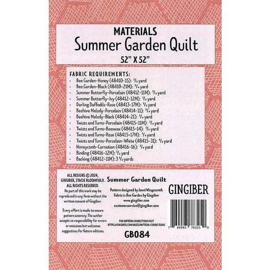 Summer Garden Quilt pattern materials card with fabric requirements and size 52 x 52.