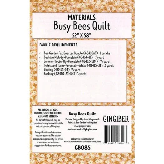 Quilt pattern materials page with fabric requirements and finished size 52 x 58