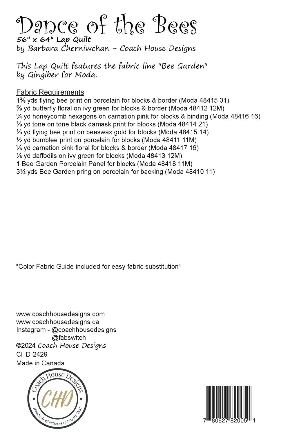 Quilt pattern back page with fabric requirements list and designer credit