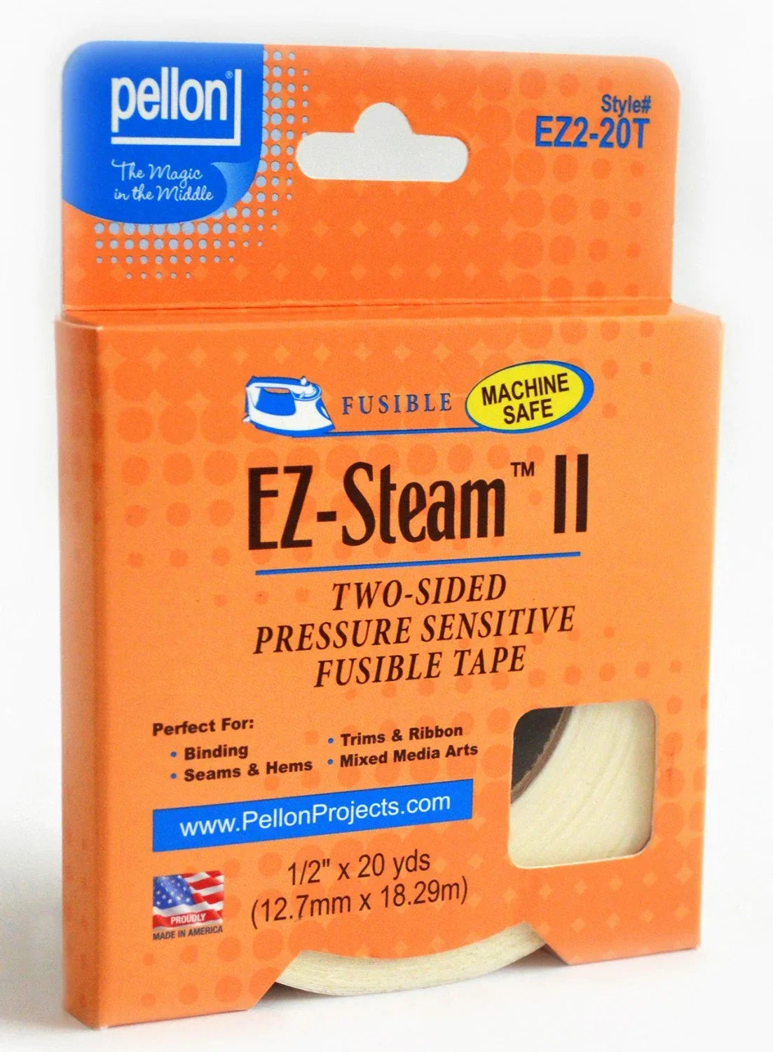 Two-sided fusible tape, 1/2 in wide, on roll in Pellon EZ-Steam II packaging