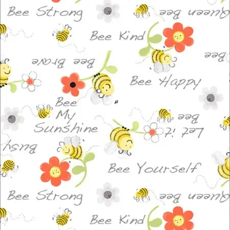 White cotton fabric with bee and floral text pattern