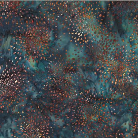 Bali batik fabric with teal blue base and copper orange dot pattern