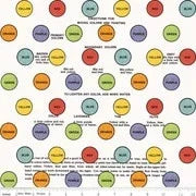Digitally printed fabric panel with primary-color circular labels on white