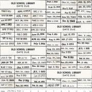 White library card fabric with vintage black text, date lines, and small number rows.