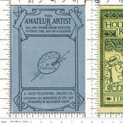 Light blue digitally printed school book fabric panel with vintage book illustration
