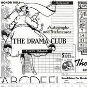 White printed fabric with vintage school-themed text and doodles, including calendar and eyes.
