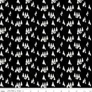 Black cotton fabric with repeating woodsman trees pattern, white tree silhouettes