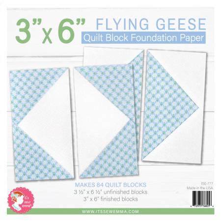 Flying geese quilt block foundation paper, 3 x 6 in, package with pattern layout