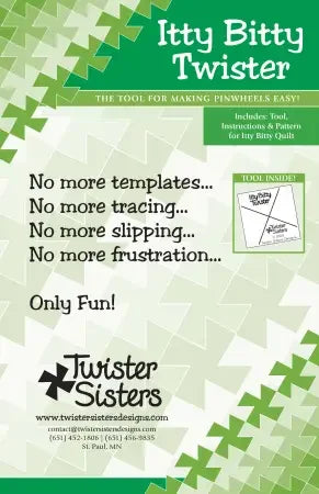 Green packaging insert for quilt pinwheel tool with Twister Sisters logo