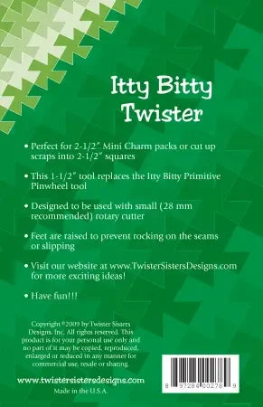 Green instruction card for quilt tool with white text and small icon